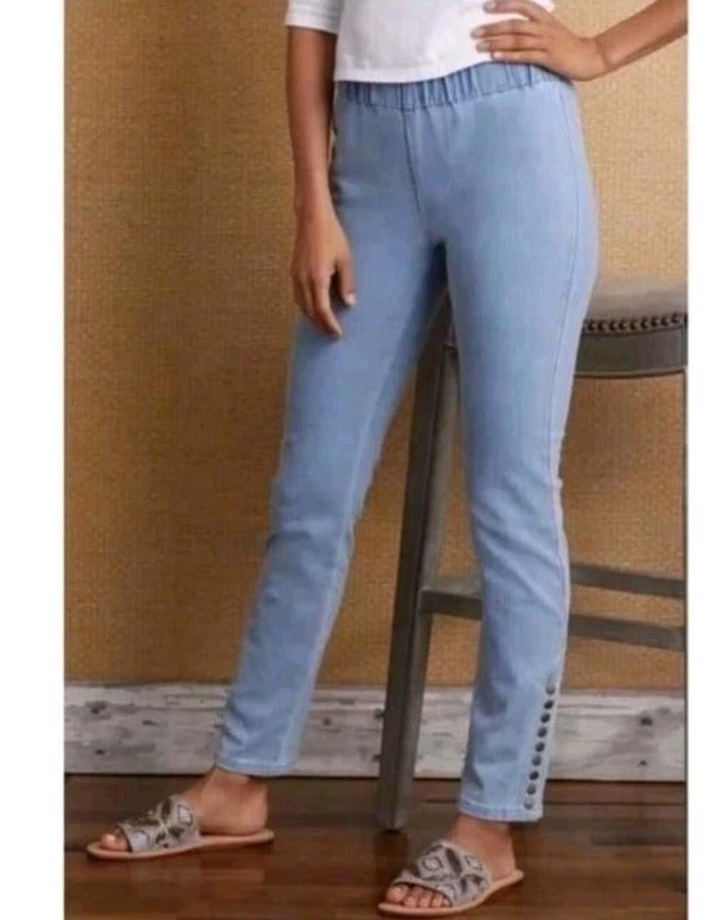 Soft Surroundings Snap Up Blue Legging Metro Pale Denim Pull on Ankle Jeans PS